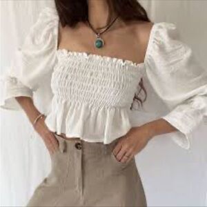 • lulus • beige smocked flutter top